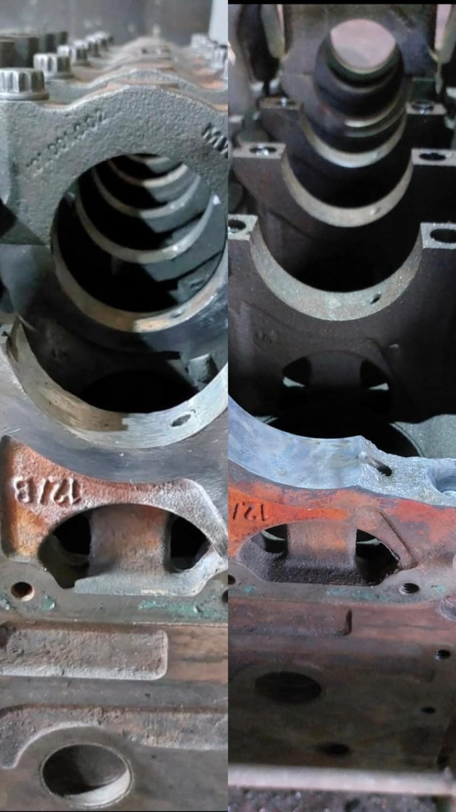 Comparação antes e depois da recuperação de bloco de motor diesel